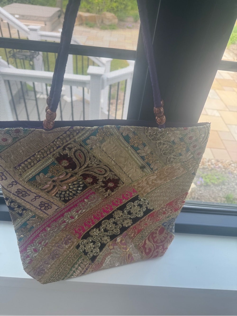 Embellished Patchwork Tote Bag in purple with gold embroidery